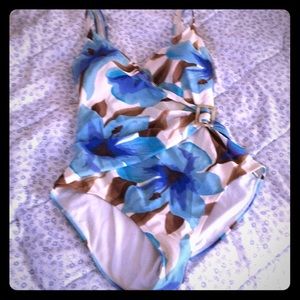 Beach Bay Blue Hibiscus Floral Print Swimsuit